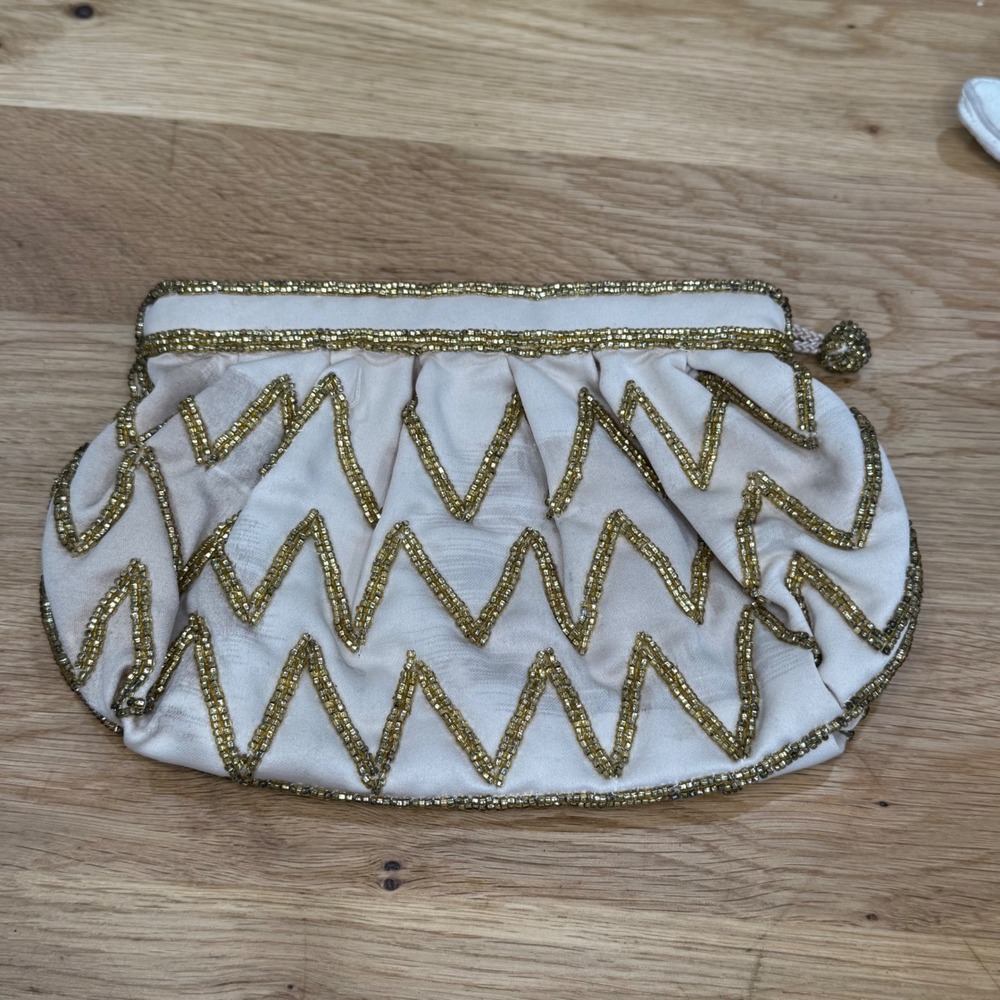 Vintage Beaded Cream Satin Clutch Gold‎ Zigzag Chevron Evening Bag Handbag